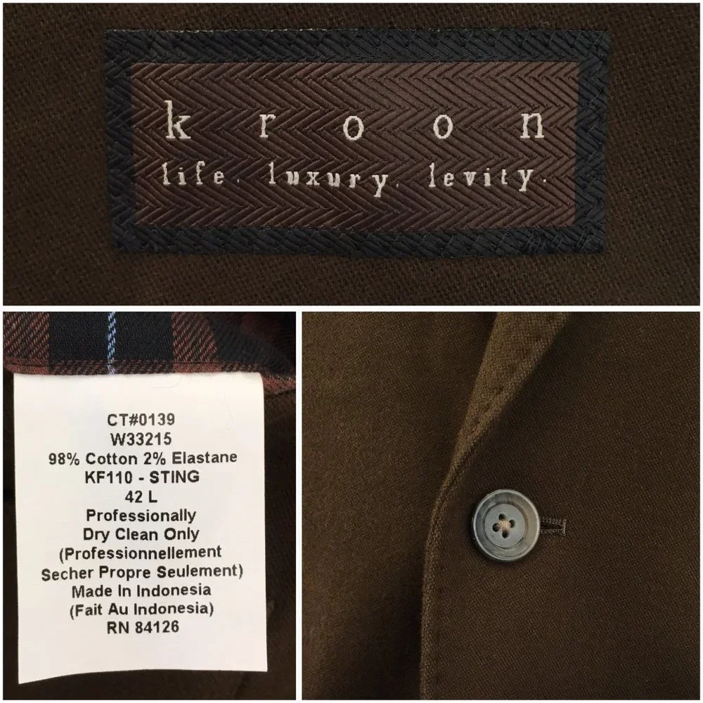 New Kroon Mens Blazer Sport Coat Two Button Jacket Canvas Cotton Size 42L Casual